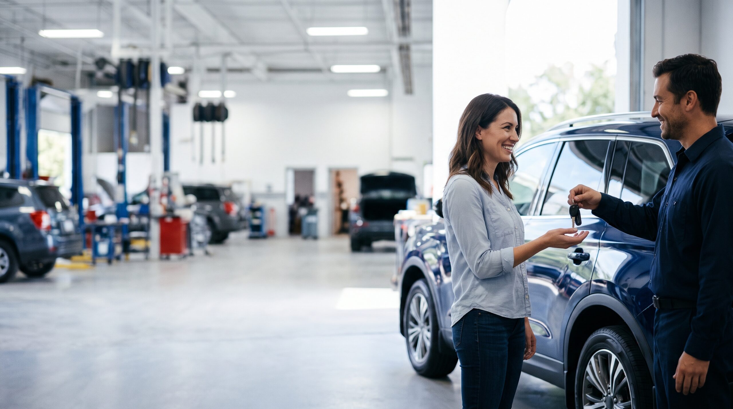 Smiling customer receiving her car keys from a Riteway technician