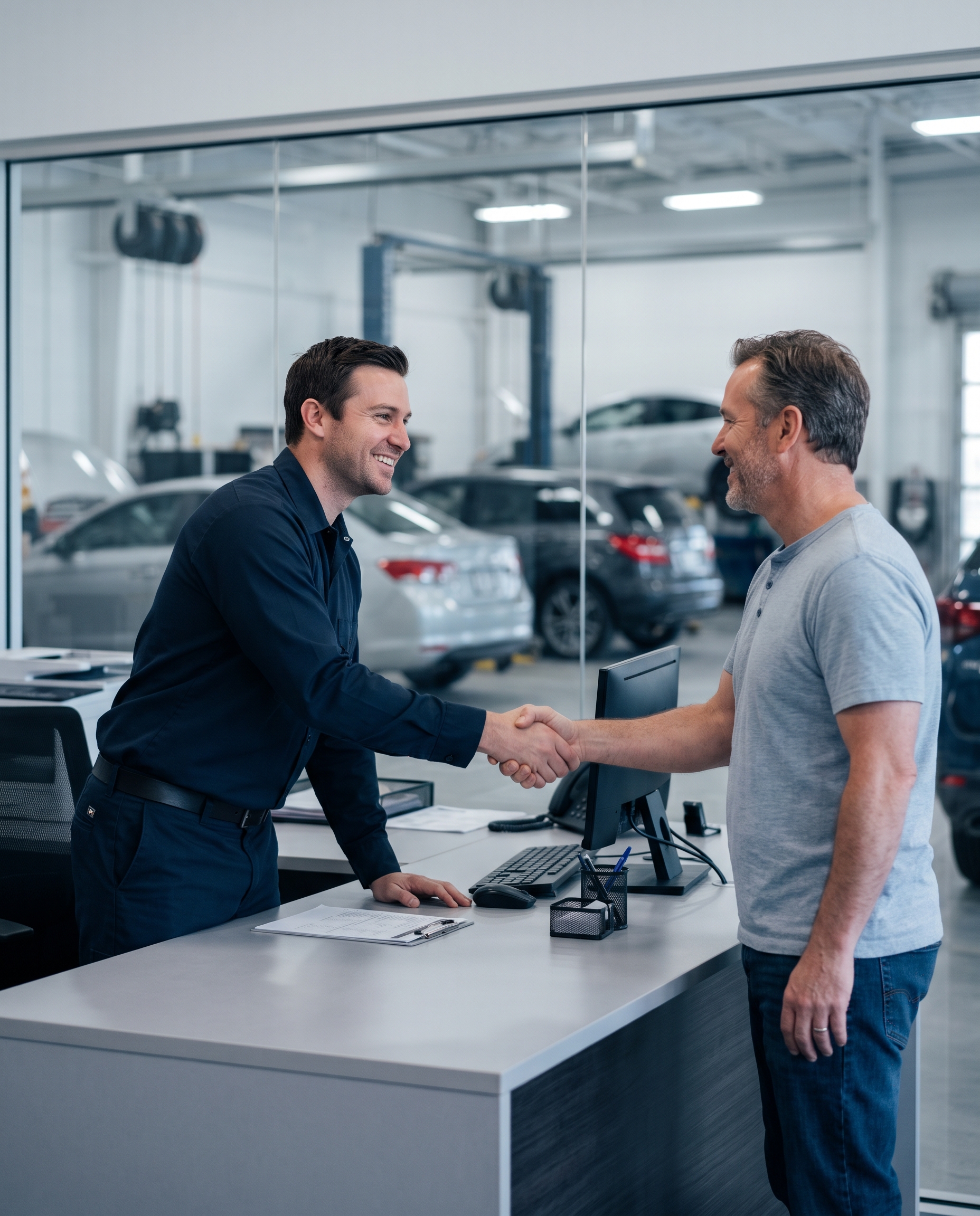 Riteway service advisor shaking hands with a customer at the front desk